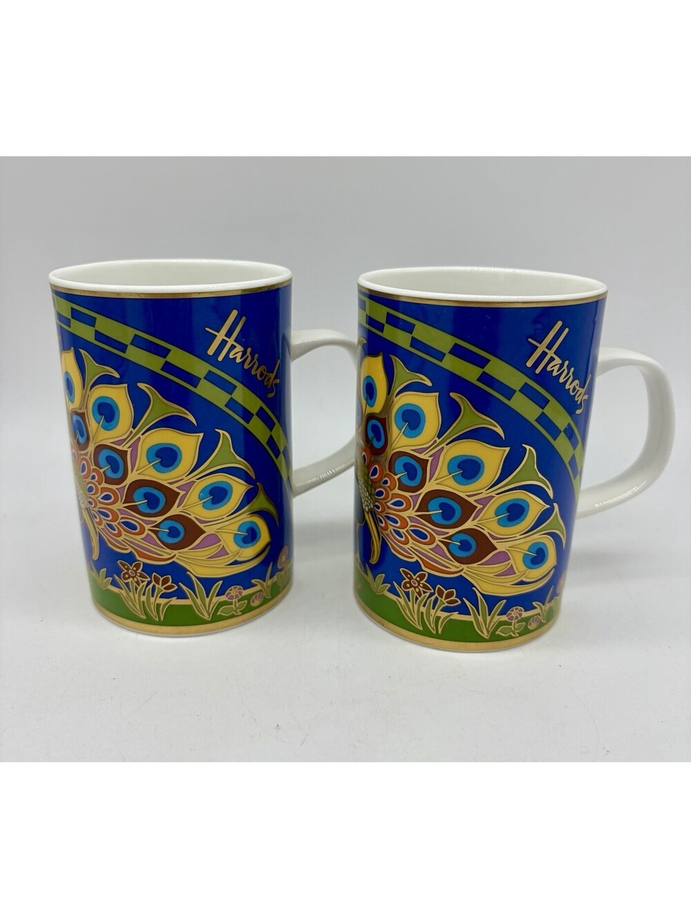 Harrods England Peacock Vintage Mug Set Of 2 Fine Bone China Coffee Tea 4" Blue